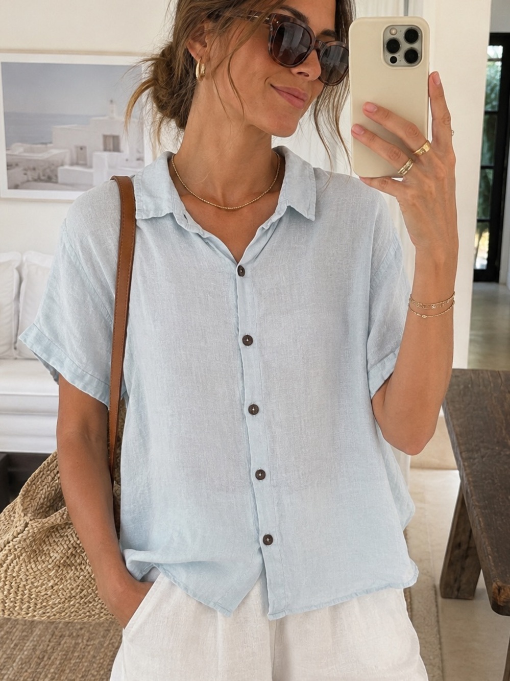 Petalura 100% Linen Button Down Shirt M/L Light Blue Coastal Oversized Top